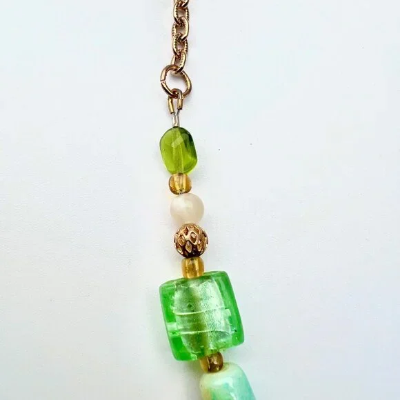 Art Glass Beaded Necklace Green Statement Pendant Toggle Clasp - Picture 8 of 10